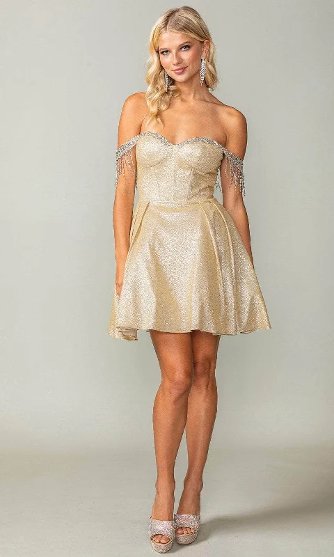 Blowout Sale Dancing Queen 3392 - Fringed Off Shoulder Cocktail Dress