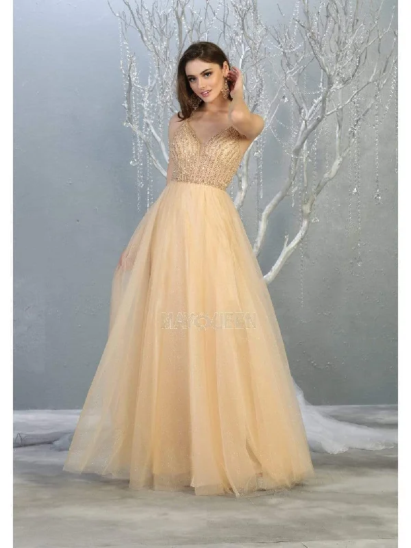Amazing Deals May Queen - MQ1812 Beaded Plunging V-Neck A-Line Dress