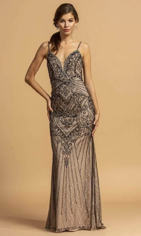 Overstock Aspeed Design - L2176 Plunging V-Neck Beaded Evening Dress