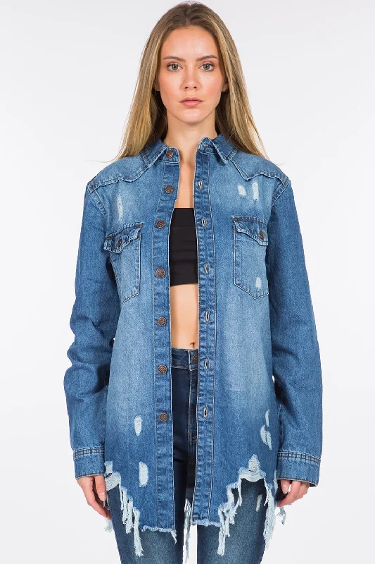 TIME-Limited Offer American Bazi Distressed Frayed Hem Denim Jacket