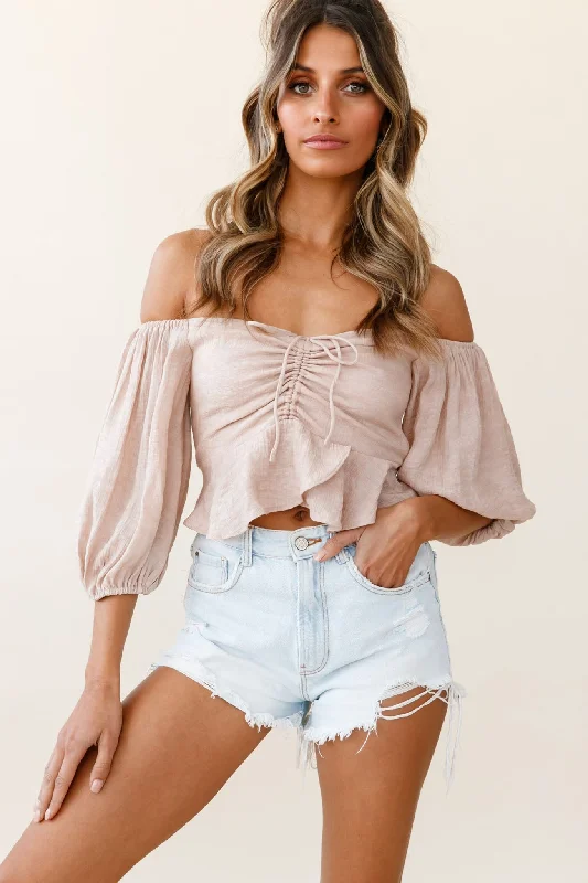 Take Advantage Avaline Balloon Sleeve Ruched Bust Bardot Top Beige