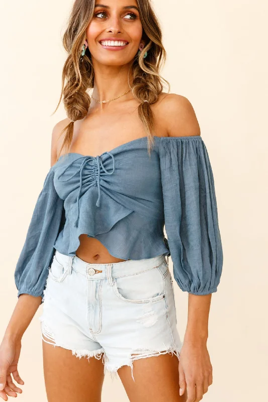 Avaline Balloon Sleeve Ruched Bust Bardot Top Midnight Blue