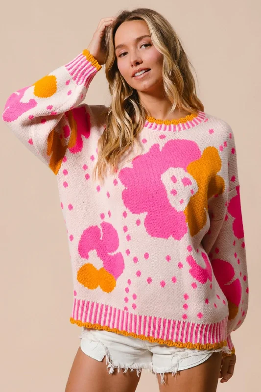 Overstock BiBi Flower Pattern Contrast Sweater🇺🇸Fast Shipping🇺🇸