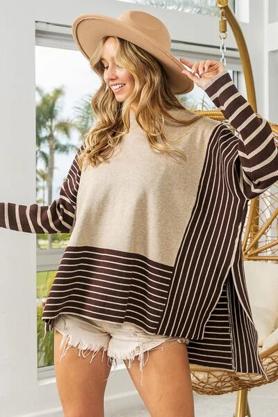 Early Access BiBi Striped Contrast Long Sleeve Slit Top
