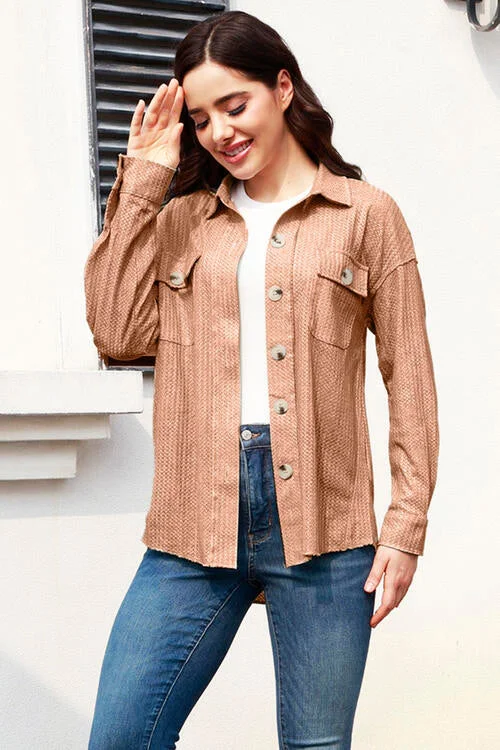 Super Deal Button Up Collared Neck Long Sleeve Shacket
