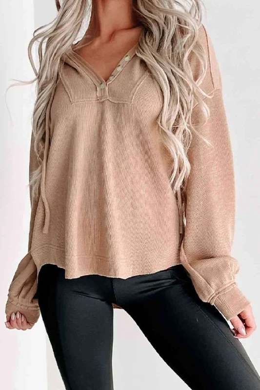 Price Fest Buttoned Drop Shoulder Drawstring Hoodie