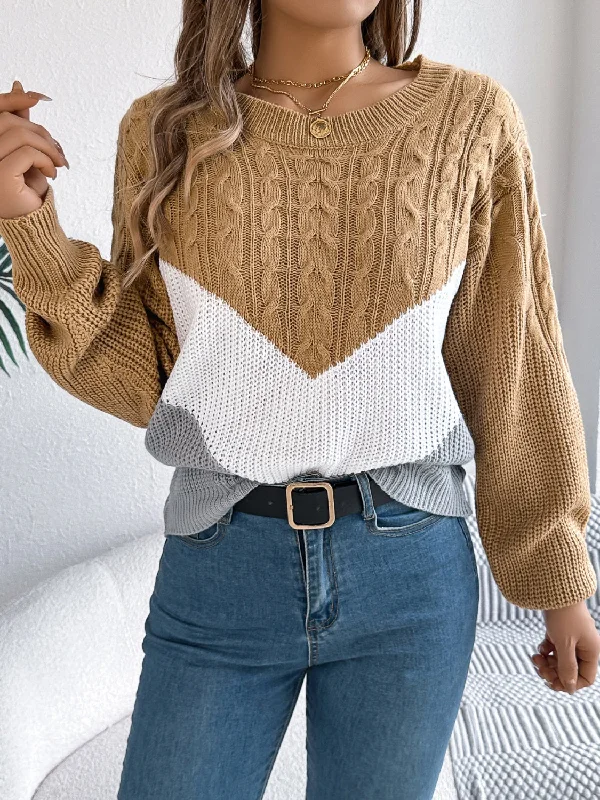 New Markdowns Cable-Knit Color Block Round Neck Sweater