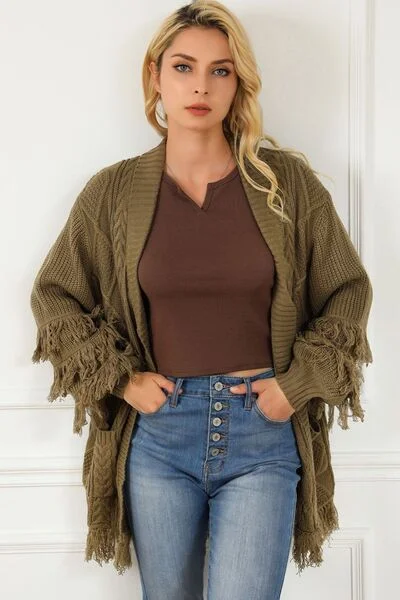 Reduced Prices Cable-Knit Fringe Pocketed Cardigan