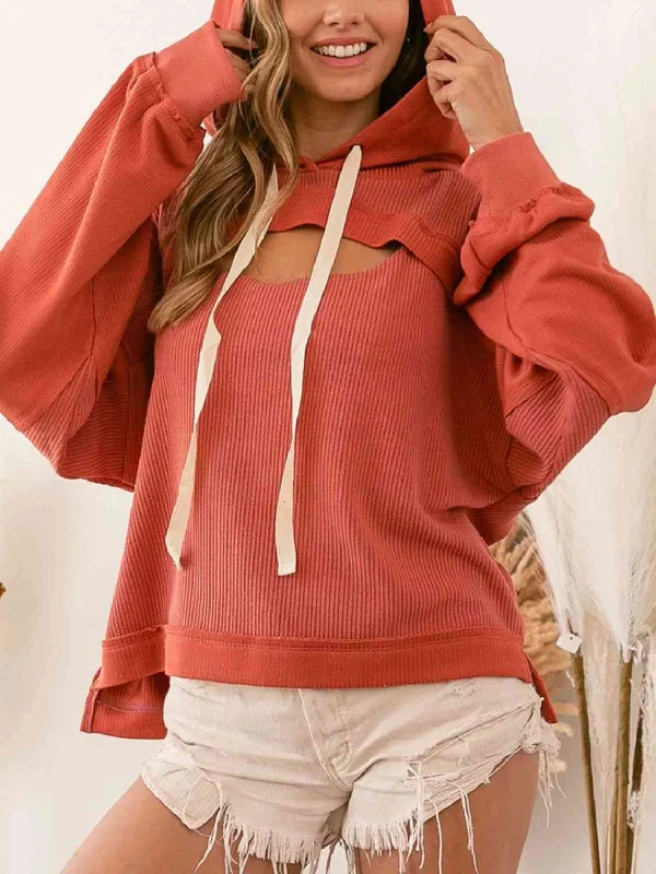 Deal Mania Cutout Drawstring Drop Shoulder Hoodie