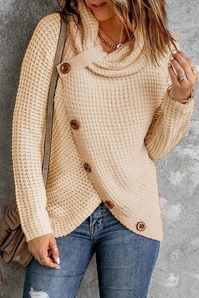 Massive Deals Decorative Button Mock Neck Sweater