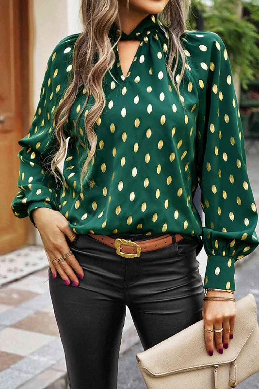 Inventory Reduction Dot Print Lantern Sleeve Blouse