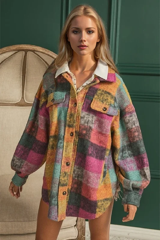 Deal Dash Double Take Full Size Button Up Plaid Shacket with Pockets