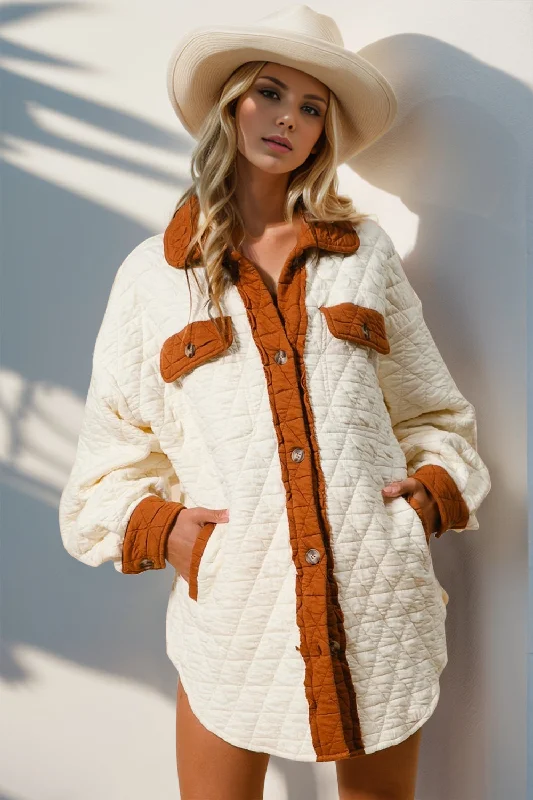 Super Sale Double Take Full Size Contrast Button Up Quilted Shacket