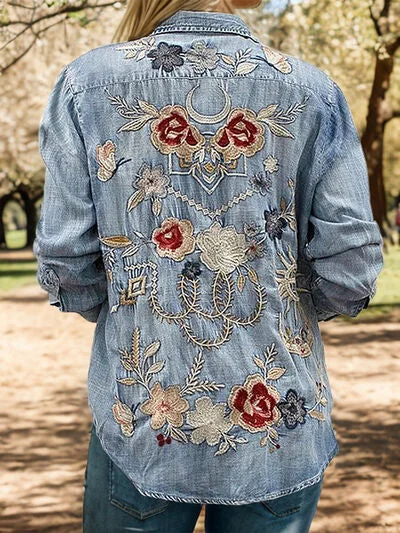 Deal Dash Embroidered Pocketed Button Up Denim Shirt