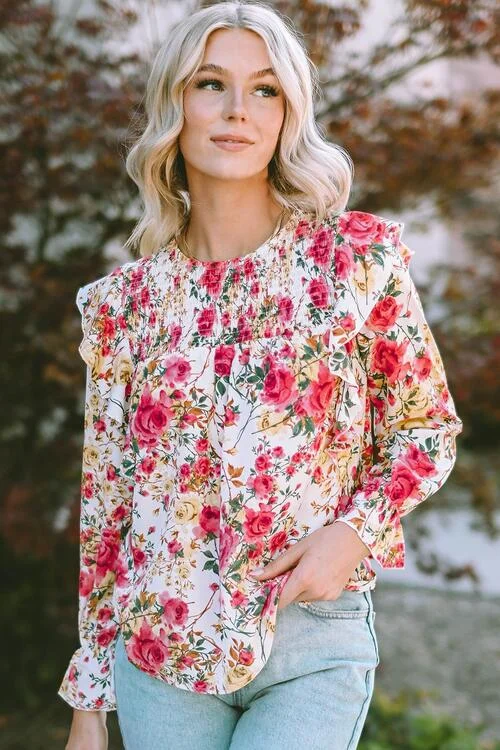 Early Bird Discount Floral Round Neck Smocked Blouse