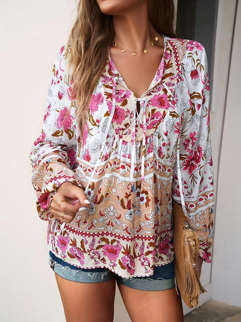 Year-End Sale Floral Tie Neck Puff Sleeve Blouse