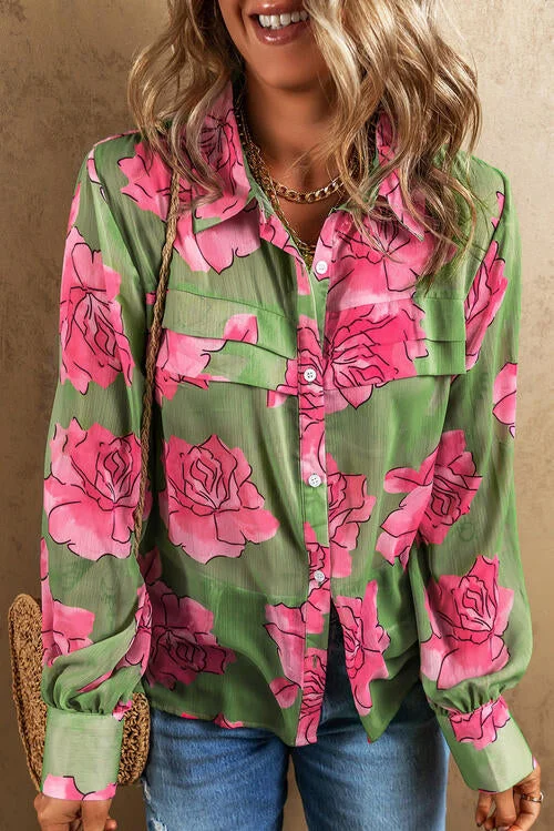 Hot Deal Flower Collared Neck Long Sleeve Shirt