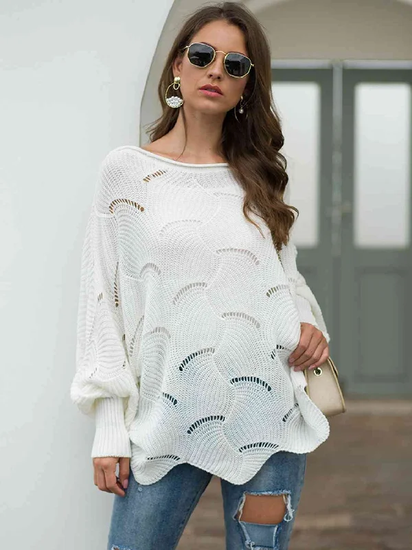 Savings Spectacular Full Size Boat Neck Lantern Sleeve Openwork Knit Top