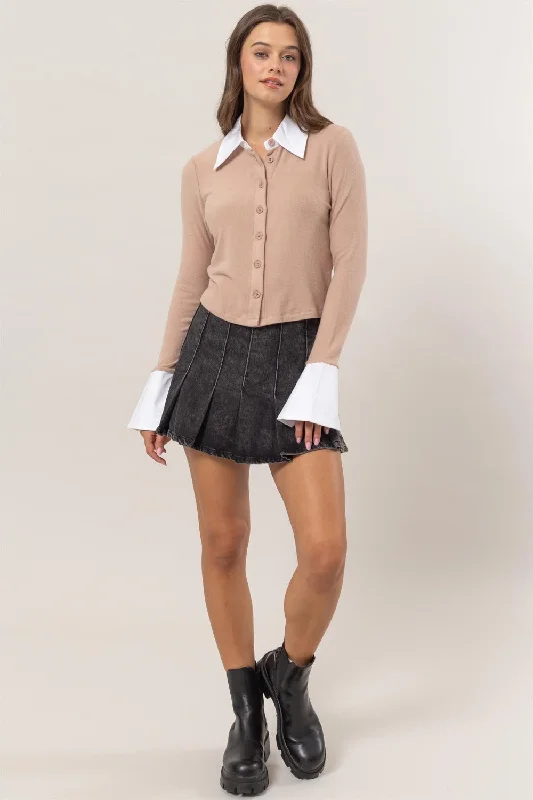 Savings Galore HYFVE Collared Contrast Button Down Crop Knit Cardigan