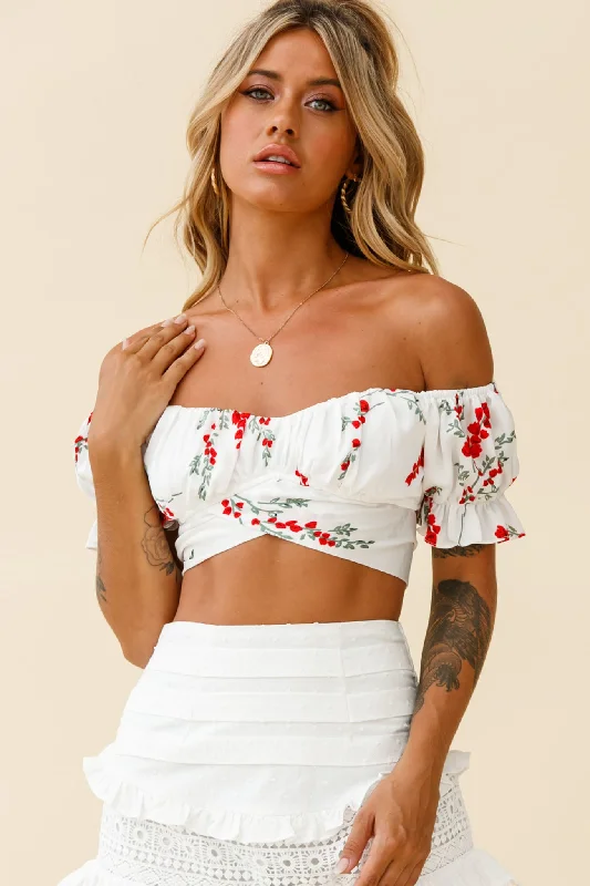 Shop and Save Linka Off-Shoulder Tie-Back Crop Top Red Floral Print White