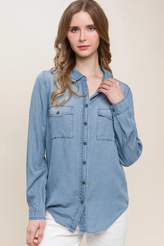 Mega Sale Love Tree Scooped Hem Button Up Denim Shirt