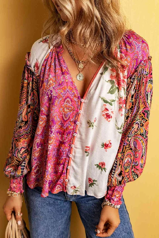 Special Promotion Multicolor Floral Notched Neck Lantern Sleeve Blouse