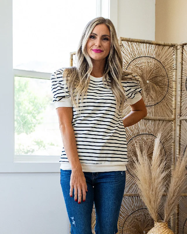 Big Savings Carmen Striped Top with Puff Sleeves - Black