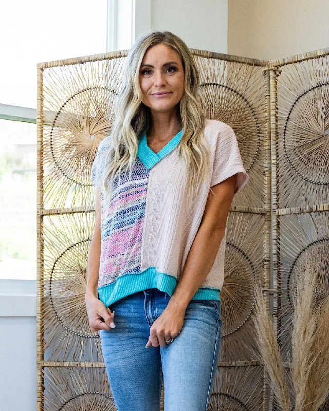 Price Blitz Maya Color Block V Neck Top - Turquoise & Cream FINAL SALE