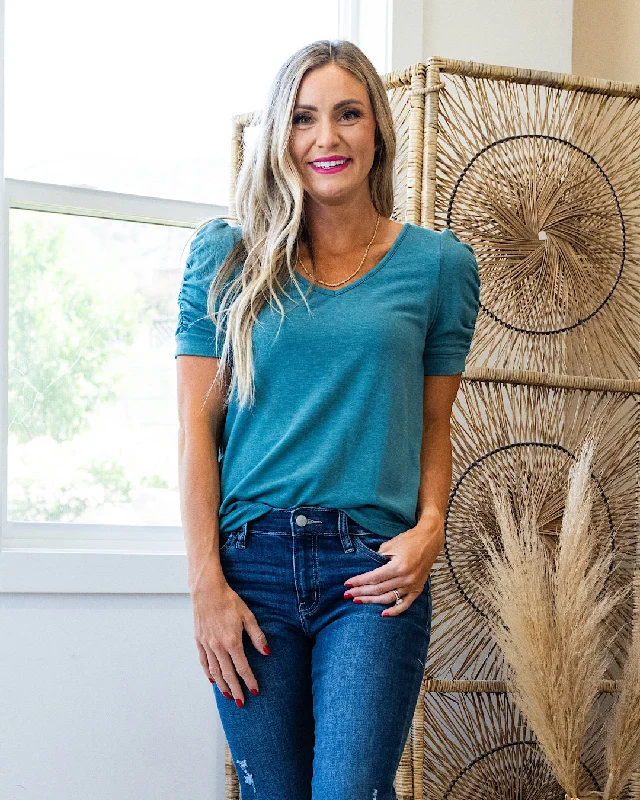 Steals and Deals Mia Gathered Puff Sleeves Top - Light Teal