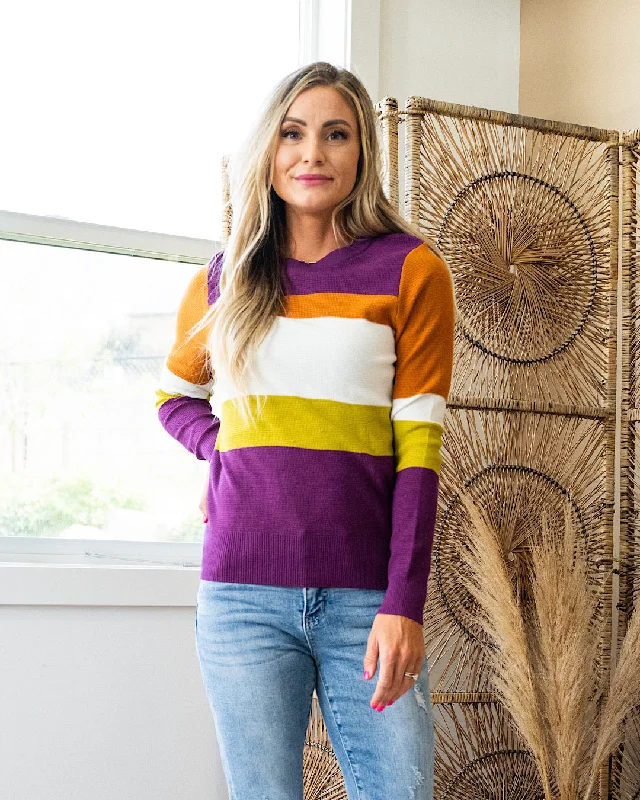 Bargain Prices Tatiana Waffle Knit Striped Sweater - Plum, Copper & Chartreuse