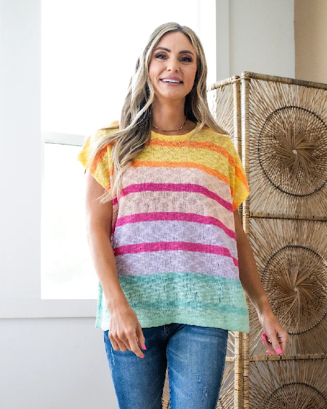 Bonus Savings Wren Open Weave Striped Short Sleeve Sweater - Apricot FINAL SALE