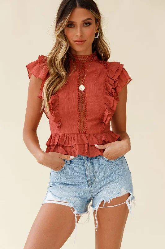 Overstock Sale Oakland High Neck Ruffle Detail Top Rust