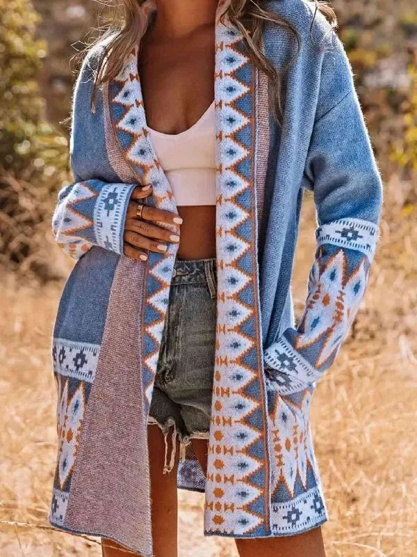 Act Now Plus Size Geometric  Open Front Cardigan with Pockets