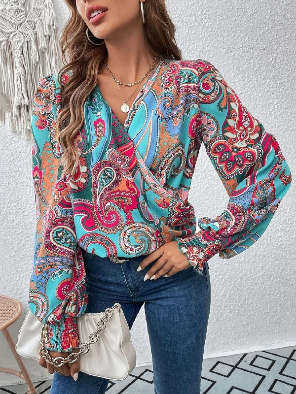 Act Now Printed Surplice Smocked Lantern Sleeve Blouse