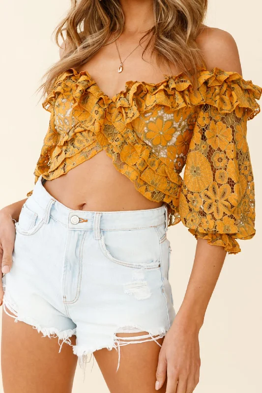 Savings Alert Rosarito Balloon Sleeve Halterneck Lace Crop Top Mustard/Olive