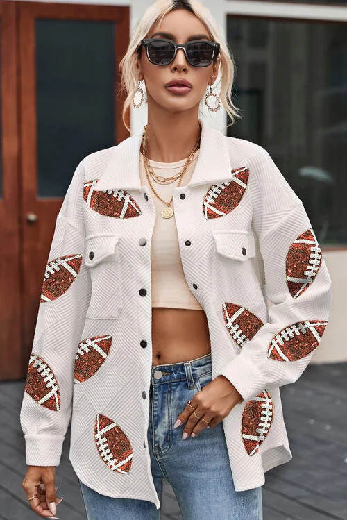 Year-End Clearance Sequin Football Patch Collared Neck Snap Button Jacket