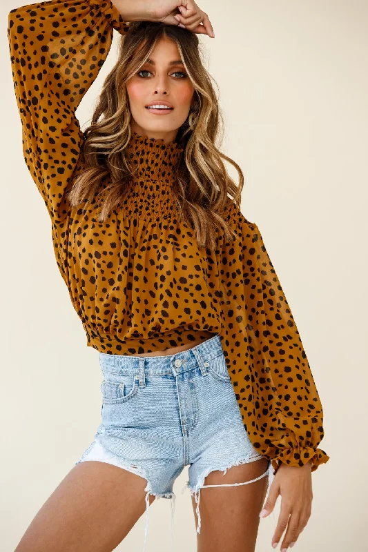 Special Buy Sparrow High Neck Shirred Blouse Spot Print Brown