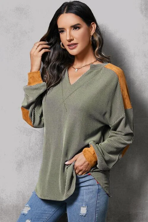 Holiday Sale Striped Notched Long Sleeve Blouse