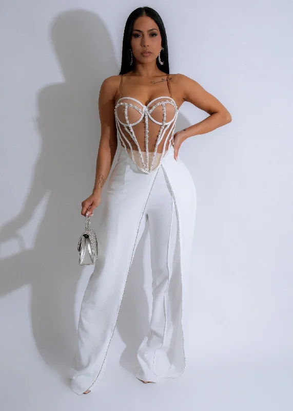 Don’t Miss Out Crystal Drape Rhinestones Pants White