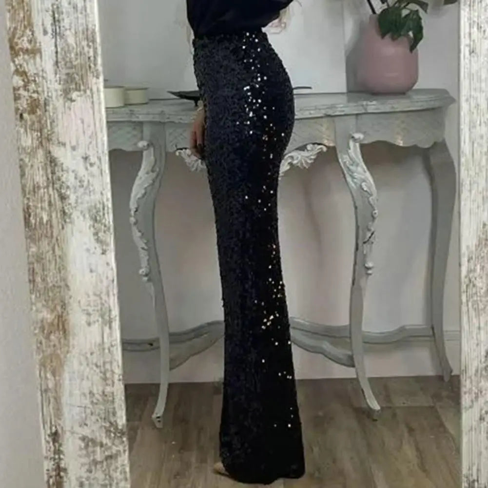 New Markdowns Elegant Solid Color Pants Sequins High Waist Flared Pants for Women Slim Fit Shining Trousers Solid Color Elastic Streetwear