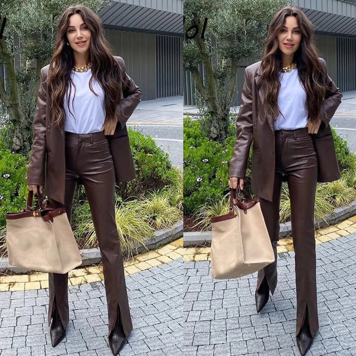 Reduced Prices Leather Brown Blazer Suits 2 Pieces Slit PU Pants Streetwear Casual Daily Jacket Single Breasted Chic Custom Made Blazer