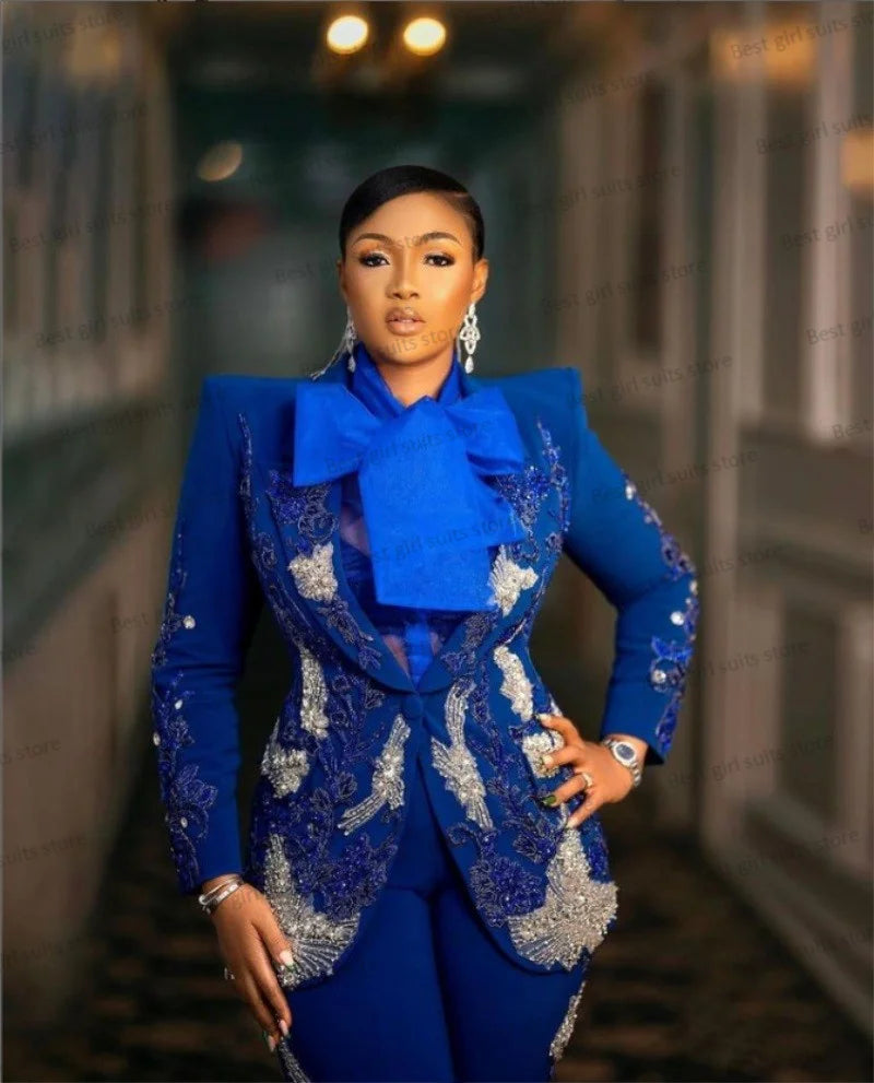 Special Price Luxury Blue Women Suit Set Blazer+Pants 2 Pieces Formal Crystal Beads Wedding Mother Of Guest Prom Dress Custom Made Jacket