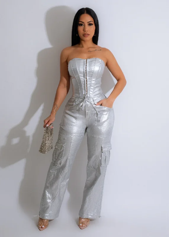 New Deals You Arrived Metallic Cargo Pants Silver