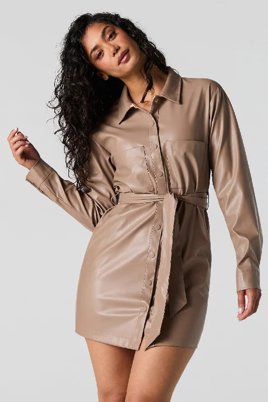 Faux Leather Belted Long Sleeve Mini Dress