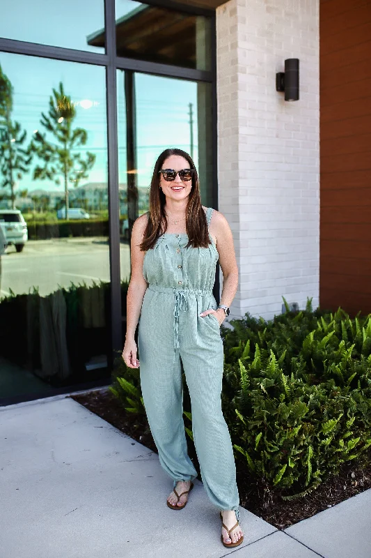 Instant Discount Drawstring Wide Strap Wide Leg Overalls - Sage