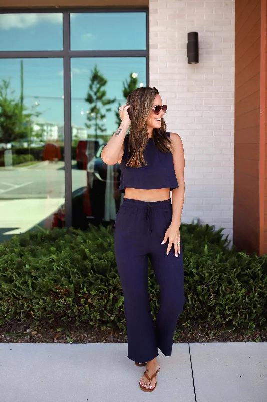 Lowest Price Fine By Me Linen Top and Pant Set- Dark Navy