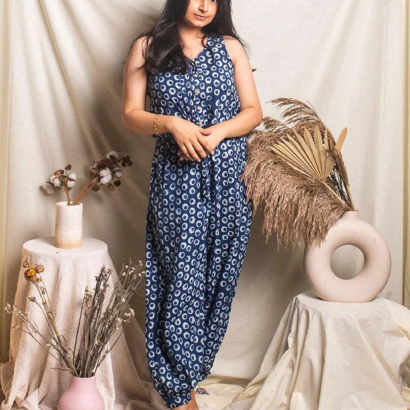 Markdown Madness Indigo Polka Blockprint Jumpsuit