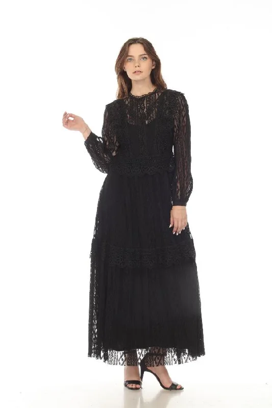 Price Buster Johnny Was Biya Black Luna Lace Long Sleeve Maxi Slip Dress Boho Chic B34722-O