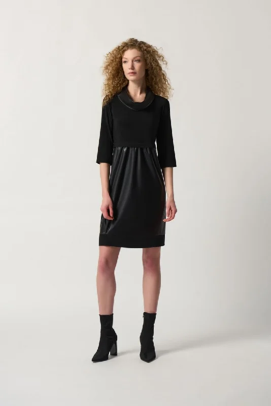 Limited Stock Joseph Ribkoff Black Faux Leather Panel 3/4 Sleeve Cocoon Dress 233091 Limited Stock Joseph Ribkoff Black Faux Leather Panel 3/4 Sleeve Cocoon Dress 233091