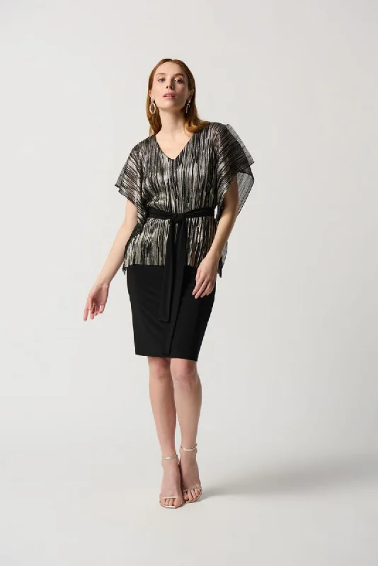 New Deals Joseph Ribkoff Black/Gold Foiled Pleated Overlay Short Sleeve Sheath Dress 234285 New Deals Joseph Ribkoff Black/Gold Foiled Pleated Overlay Short Sleeve Sheath Dress 234285